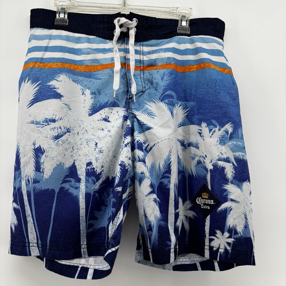 CORONA Extra Mens Swim Board Shorts 34-36Hook Loop Pocket Lined Hawaii Blue